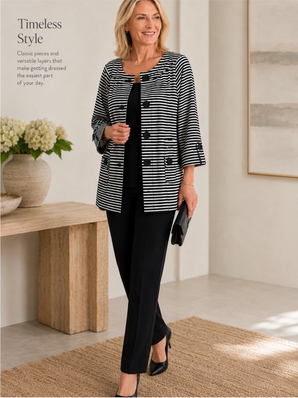 For Cynthia Black and White Striped Blazer